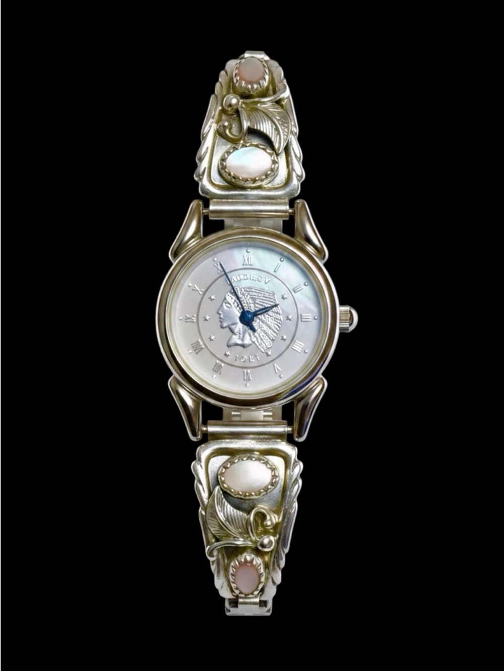Sterling Silver Mother-of-Pearl Native-American Tips Indian Head Watch.